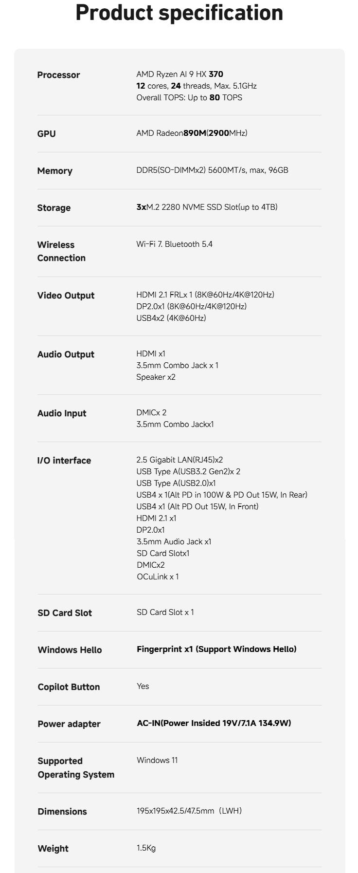 Volledige specificaties van de gaming mini-PC (Afbeelding bron: Minisforum)