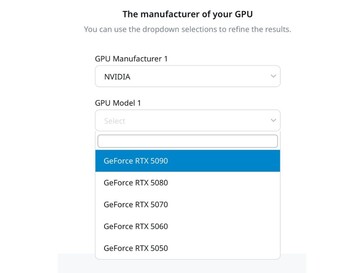 RTX 50-serie GPU's op de wattage calculator webpagina van Seasonic (Bron: Seasonic)