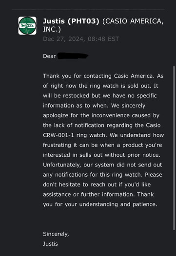 E-mailcorrespondentie van Casio Amerika. (Afbeeldingsbron: u/Temporary_Airline_58 via Reddit)