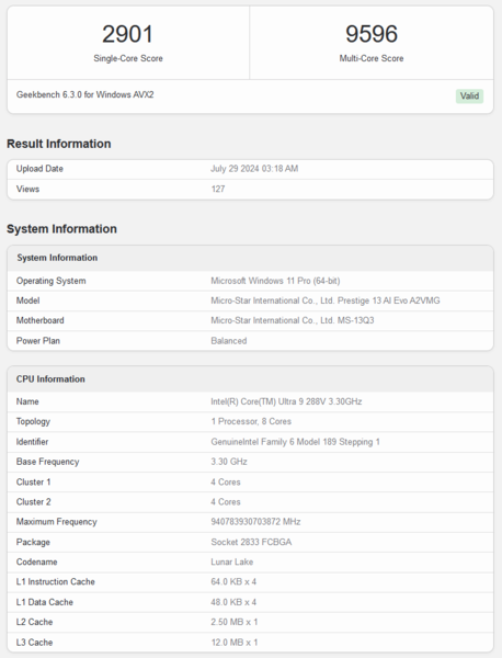 Intel Core Ultra 9 288V Geekbench score (bron: Geekbench)