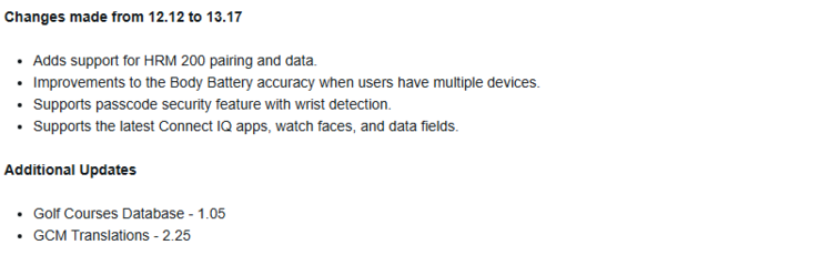 De release notes voor softwareversie 13.17 voor de Garmin Venu 3 en vivoactive 5 smartwatches. (Afbeelding bron: Garmin)