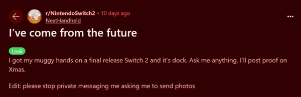 Ten minste één anonieme gebruiker op Reddit beweert al een Switch 2 in handen te hebben en belooft details te delen op Eerste Kerstdag. (Afbeelding Bron: Reddit)