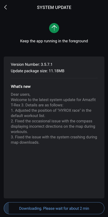 De release notes voor firmware versie 3.5.7.1 voor de Amazfit T-Rex 3 smartwatch. (Afbeeldingsbron: u/Ech0ke via Reddit)