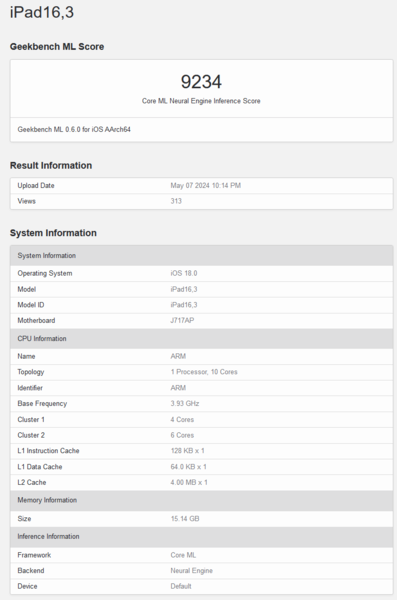 Apple M4 Geekbench notering (afbeelding via Geekbench)