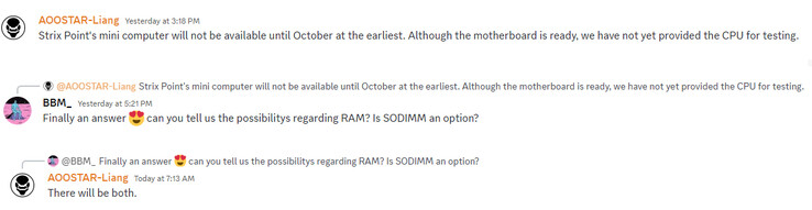 Over de aankomende Strix Point mini PC's (Afbeelding bron: AOOSTAR Discord)