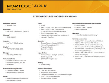 Volledige specificaties van de Core Ultra 5 variant (Afbeelding bron: Dynabook)