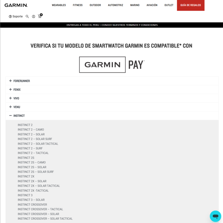 Een screenshot van de Garmin Peru website waarop de Instinct 3 en Instinct 3 Solar smartwatches worden bevestigd. (Afbeelding bron: Garmin)