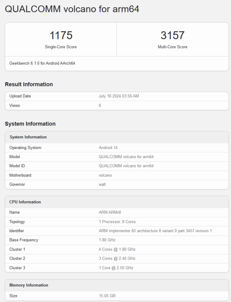 De Geekbench-notering voor de Snapdragon 7s Gen 3 onthult ook de single- en multi-core testscores, respectievelijk 1.157 en 3.157. (Bron: Geekbench)