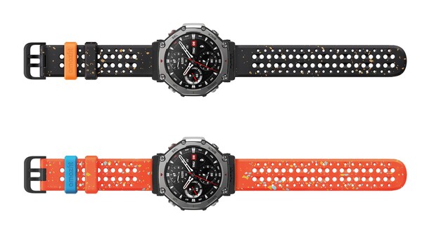 De Amazfit T-Rex 3 is verkrijgbaar in Onyx en Lava met optionele upcyclede bandjes in bijpassende kleuren. (Afbeeldingsbron: Amazfit)