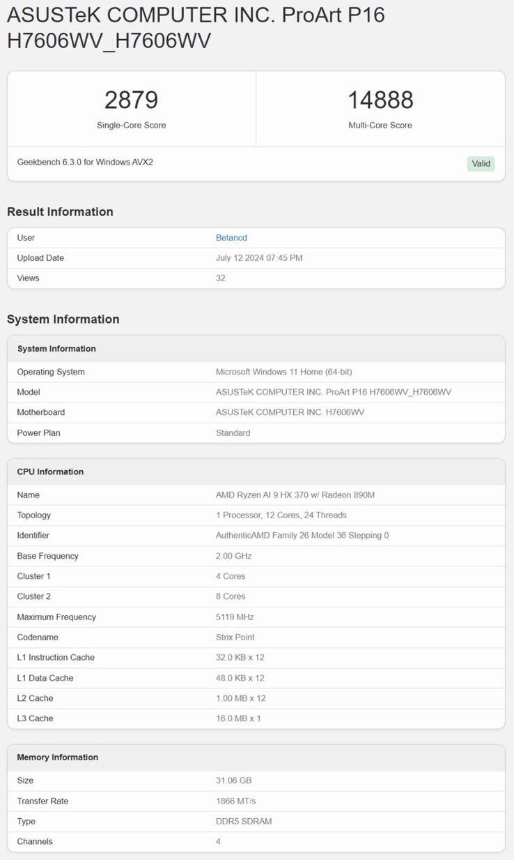 Ryzen AI 9 HX 370 Geekbench 6 resultaat. (Afbeeldingsbron: Geekbench)