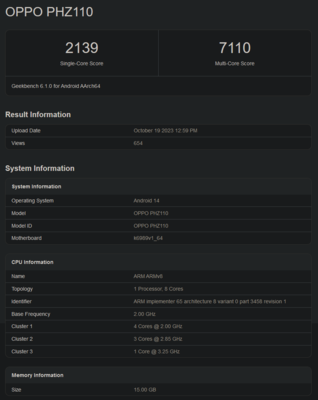 Dimensity 9300 Geekbench score (afbeelding via Geekbench)