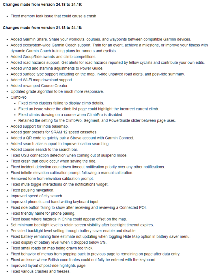 De wijzigingslog voor stabiele softwareversie 24.19 voor sommige Garmin Edge toestellen. (Afbeeldingsbron: Garmin)