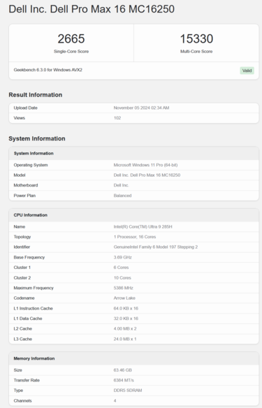 Intel Core Ultra 9 285H Geekbench prestaties (bron: Geekbench)