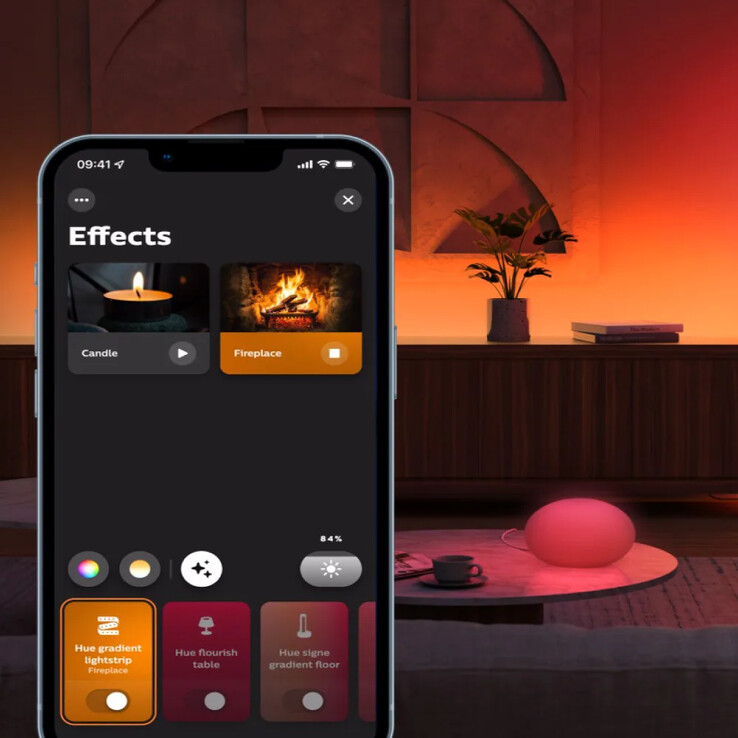 Bestaande slimme verlichtingseffecten in de Philips Hue app zijn onder andere Fireplace en Candle. (Afbeeldingsbron: Philips Hue)