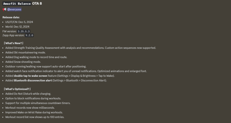 Het wijzigingslogboek voor de Amazfit Balance OTA 8 update. (Afbeeldingsbron: Zepp Health)