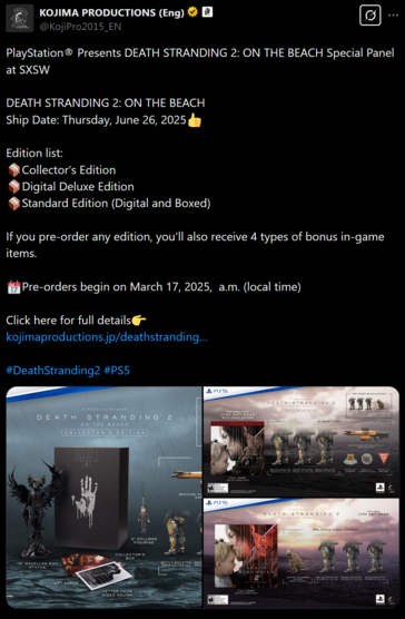 Death Stranding 2 aankondiging X post (Afbeelding bron: Kojima Productions X account)