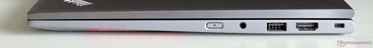 Rechts: aan/uit-knop, 3,5-mm audio, USB 3.2 Gen 1 (5 Gbit/s), HDMI 2.1, Kensington Nano-beveiligingssleuf