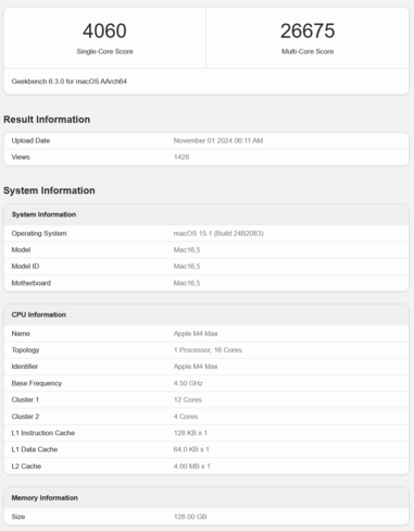 Apple M4 Max Geekbench CPU prestaties (bron: Geekbench)