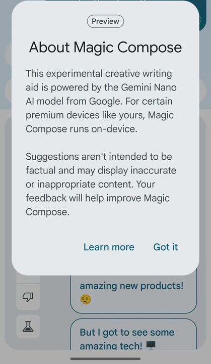 De Magic Compose-functie van de Google Berichten-app op het Gemini Nano-model. (Afbeeldingsbron: Android Authority)