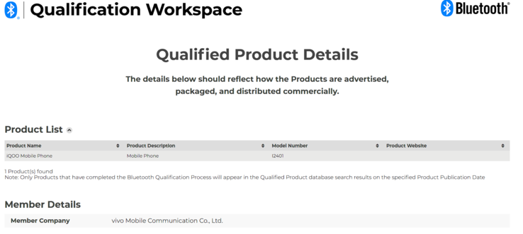 De Bluetooth SIG-certificering van de iQoo 13 (Afb. bron: Bluetooth SIG)