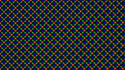 Het OLED-beeldscherm heeft een RG/BG subpixelmatrix die uit één rode, één blauwe en één groene lichtdiode bestaat.