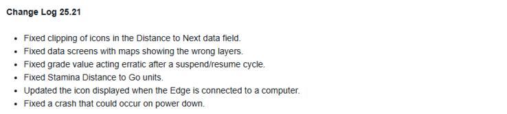 De wijzigingslog voor bètaversie 25.21 voor Garmin X40 Edge fietscomputers. (Afbeelding bron: Garmin)