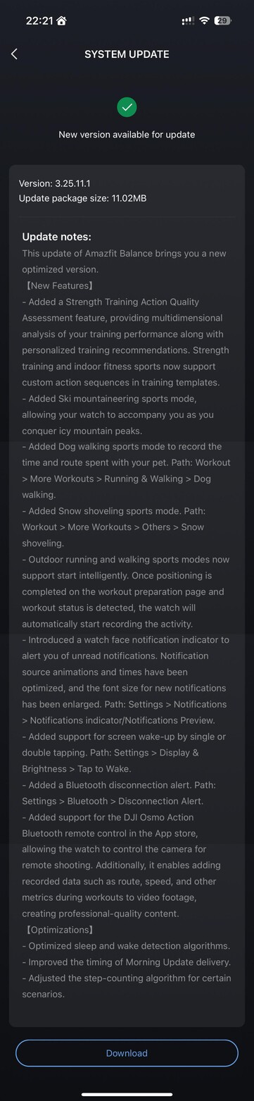 De volledige release notes voor de Amazfit Balance versie 3.25.11.1 update. (Afbeeldingsbron: u/Nurkamol via Reddit)