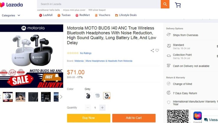 De Moto Buds I40 aanbieding op de Singaporese website Lazada (Bron: Lazada)