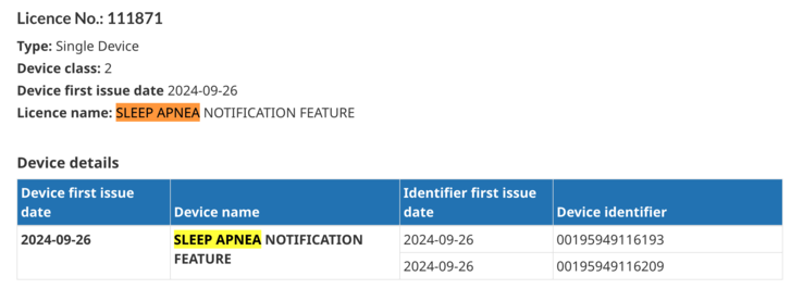 De actieve licentievermelding van de functie-integratie voor slaapapneu op de website van Health Canada. (Afbeeldingsbron: Health Canada)