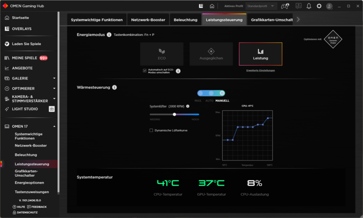 Met de Omen Gaming Hub kunt u de ventilator individueel instellen.