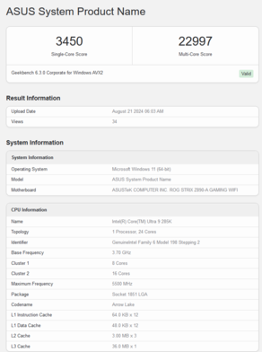 Intel Core Ultra 9 285K Geekbench score (bron: Geekbench)