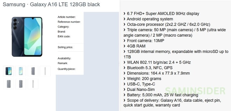 Een zogenaamd volledig overzicht van de specificaties van de Galaxy A16...