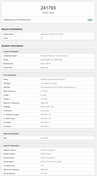 Razer Blade 18 Geekbench notering (bron: Geekbench)