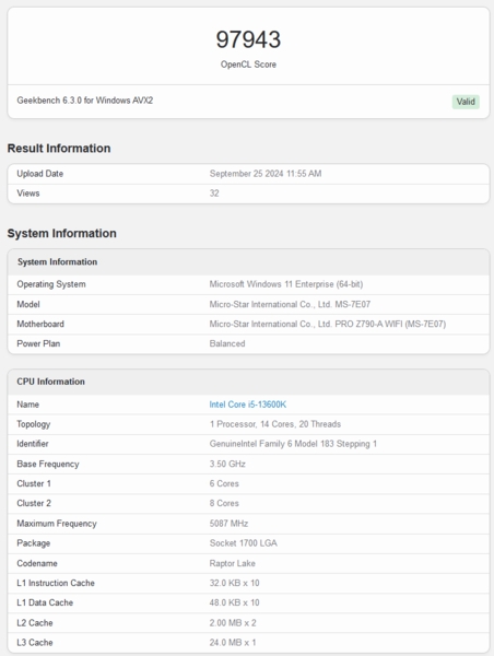 Intel Battlemage GPU Geekbench prestaties (bron: Geekbench)