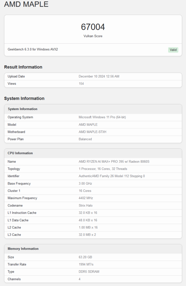 AMD Ryzen AI Max+ Pro 395 Geekbench Vulkan score (bron: Geekbench)