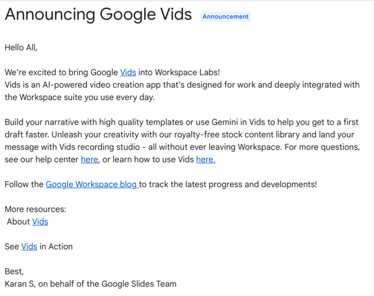 De aankondiging van eerder vandaag over de lancering van Google Vids in Workspace Labs. (Bron: Google Support)