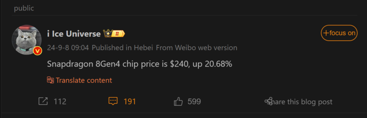 Ice Universe's laatste rapport over Snapdragon 8 Gen 4 (Afbeeldingsbron: Weibo - machine vertaald)