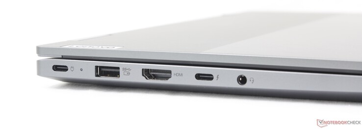 Links: USB-C met PD 3.0 + DisplayPort 1.4 (10 Gbps), UAB-A (5 Gbps), HDMI (4K60), USB-C met Thunderbolt 4 + PD + DP 1.4, 3,5 mm headset