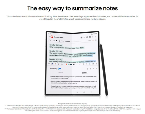 Galaxy Z Fold 6 transcriptie en samenvatting (afbeelding via Samsung)