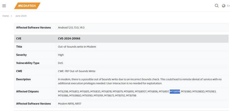 Vermelding van de chipset op de officiële website (Afbeeldingsbron: MediaTek)