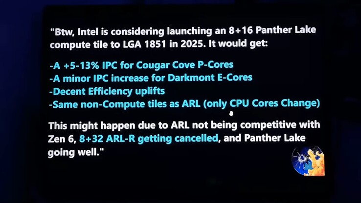 Intel Panther Lake voor desktop. (Afbeeldingsbron: Moore's Law Is Dead op YouTube)