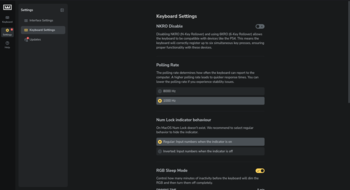 Energiebesparende modi, diverse compatibiliteitsopties en 8 kHz polling zijn allemaal beschikbaar in het instellingenmenu van het toetsenbord. (Afbeeldingsbron: Julian van der Merwe / Notebookcheck)