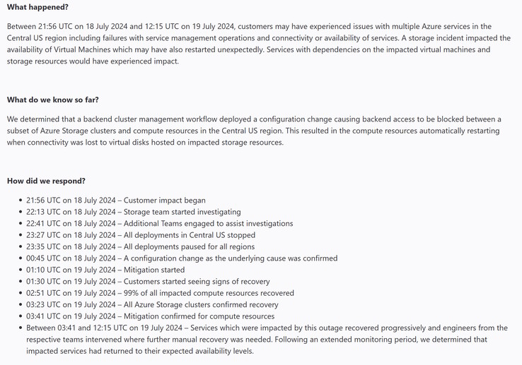 Tijdlijn van MS Central US Azure uitval veroorzaakt door slechte configuratiewijziging. (Afbeeldingsbron: Microsoft)