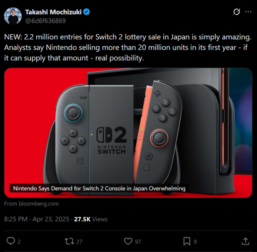 Takashi Mochizuki X post over eerste jaar Switch verkoop (Afbeeldingsbron: screenshot, Takashi Mochizuki X account)