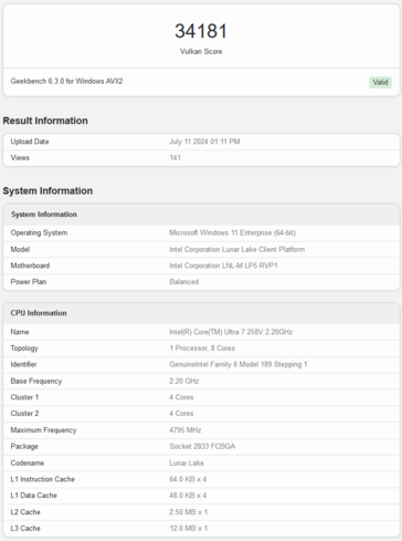 Intel Arc 140V Vulkan score (afbeelding via Geekbench)