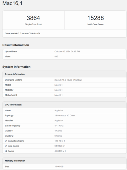 Apple M4 CPU prestaties (bron: Geekbench)