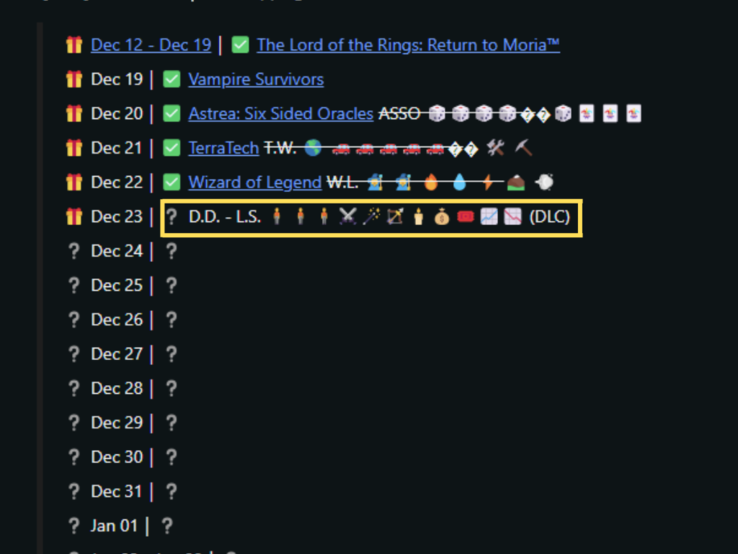 De aanwijzing heeft de afkorting "D.D.-L.S.", meerdere emoji's waaronder mensen, een zwaard, magie, pijl en boog, kaars, geldbuidels, een vlaggenbanner en grafiek/aandelen, en de hint "DLC". (Afbeeldingsbron: Reddit)