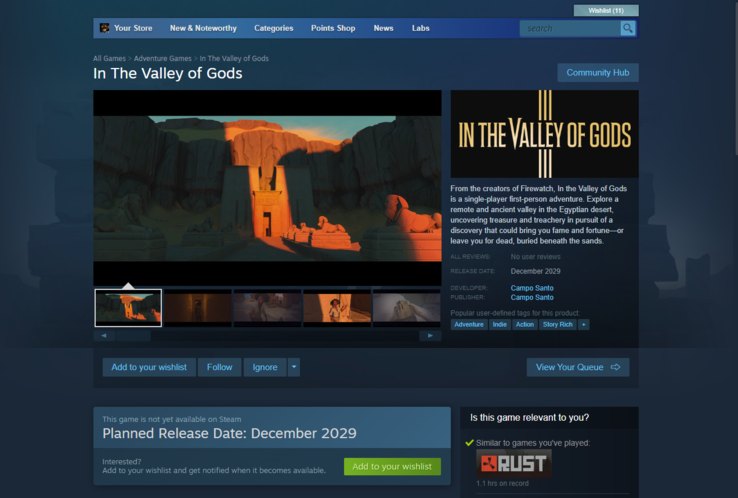 in the Valley of Gods' heeft een voorlopige releasedatum van december 2029 op Steam. (Afbeeldingsbron: Steam)