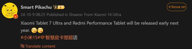 Smart Pikachu's verslag over nieuwe Xiaomi tablets (Afbeeldingsbron: Weibo - machine vertaald)