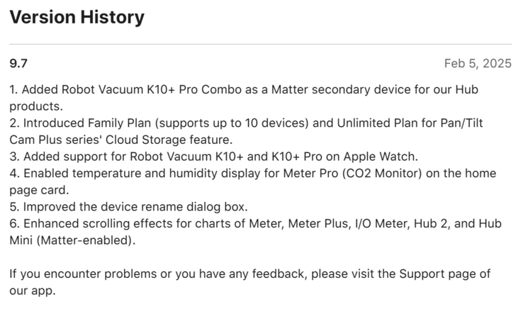 De release notes voor de SwitchBot app versie 9.7 voor iOS. (Afbeeldingsbron: Apple App Store)